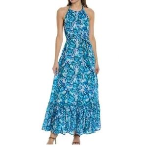 Allison New York Water Color Rose Halter Maxi Dress Size S